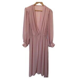 Vintage 80s Sheer Pink Pleated Deep V-Neck Dress